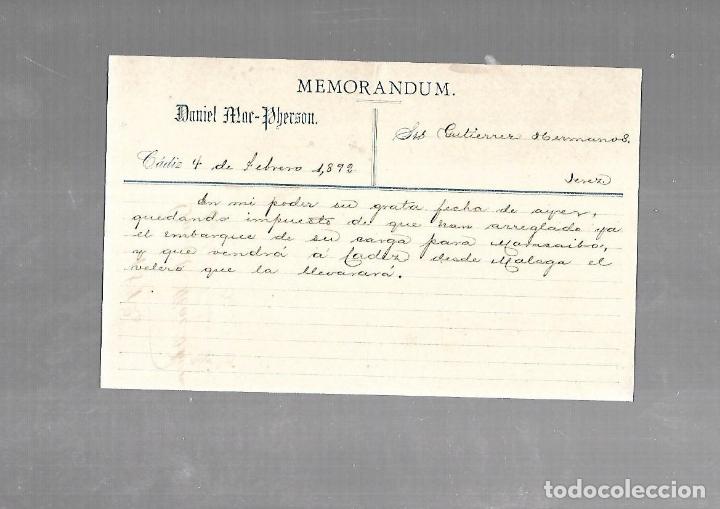 Documentos antiguos: MEMORANDUM. DANIEL MAC-PHERSON. 1892 - Foto 1