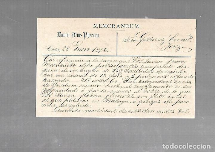 Documentos antiguos: MEMORANDUM. DANIEL MAC-PHERSON. 1892 - Foto 1
