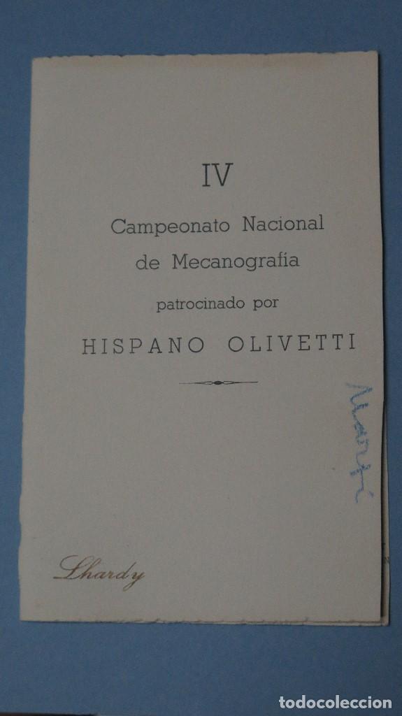 Documentos antiguos: IV CAMPEONATO NACIONAL DE MECANOGRAFIA PATROCINADO POR HISPANO OLIVETTI. MENU