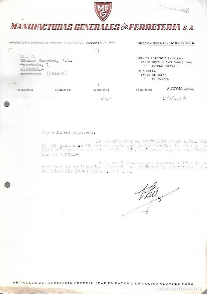 Documents Anciens: CARTA COMERCIAL. MANUFACTURAS GENERALES DE FERRETERIA. 1957. ALGORTA, VIZCAYA.