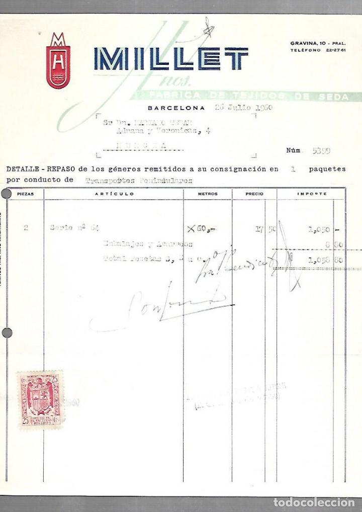 Documents Anciens: FACTURA. HERMANOS MILLET. TEJIDOS DE SEDA. 1960. BARCELONA