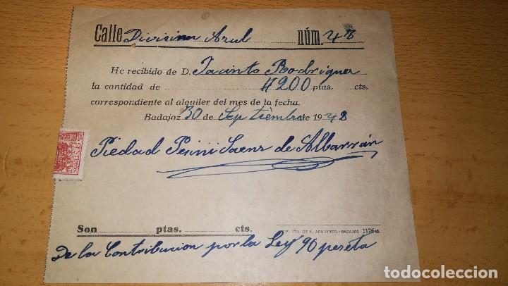 Documentos antiguos: ANTIGUO RECIBO DE ALQUILER EN LA CALLE DIVISION AZUL DE BADAJOZ, A&Ntilde;O 1948