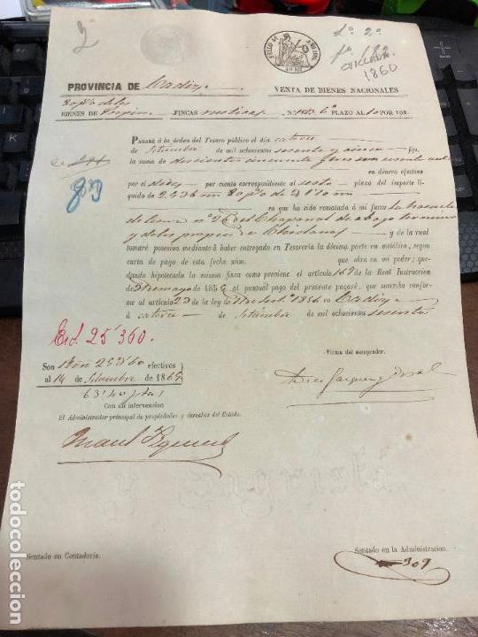Documentos antigos: DOCUMENTO VENTA DE BIENES NACIONALES - PROVINCIA DE CADIZ - CHICLANA A&Ntilde;O 1860 -