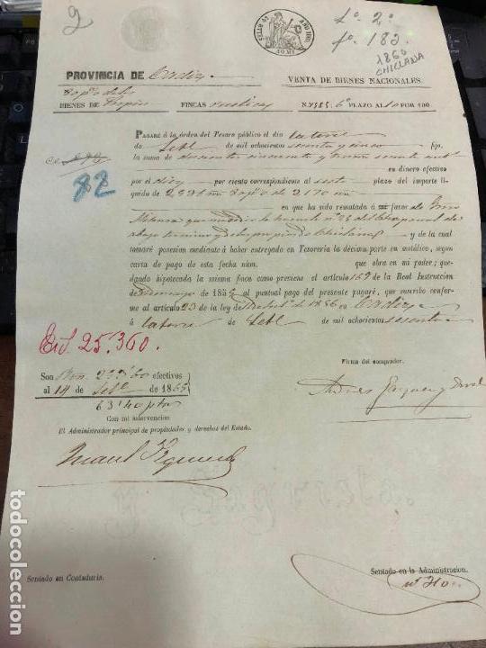Documentos antigos: DOCUMENTO VENTA DE BIENES NACIONALES - PROVINCIA DE CADIZ - CHICLANA A&Ntilde;O 1860 -