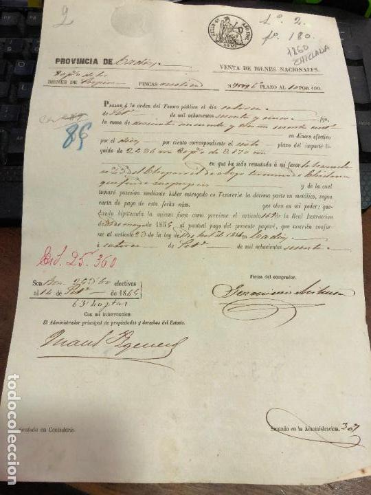Documentos antigos: DOCUMENTO VENTA DE BIENES NACIONALES - PROVINCIA DE CADIZ - CHICLANA A&Ntilde;O 1860 -