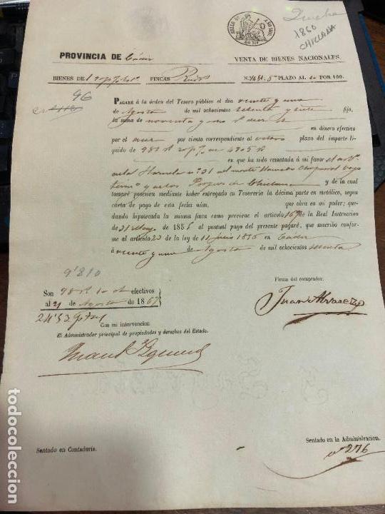 Documentos antigos: DOCUMENTO VENTA DE BIENES NACIONALES - PROVINCIA DE CADIZ - CHICLANA A&Ntilde;O 1860 -