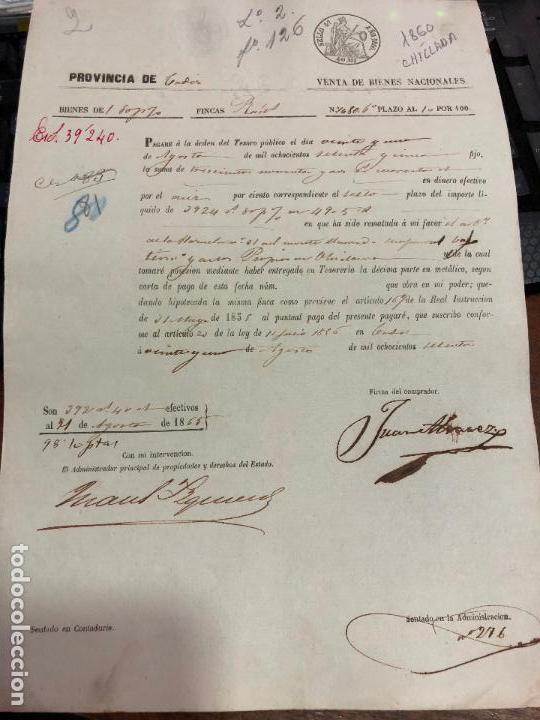 Documentos antigos: DOCUMENTO VENTA DE BIENES NACIONALES - PROVINCIA DE CADIZ - CHICLANA A&Ntilde;O 1860 -