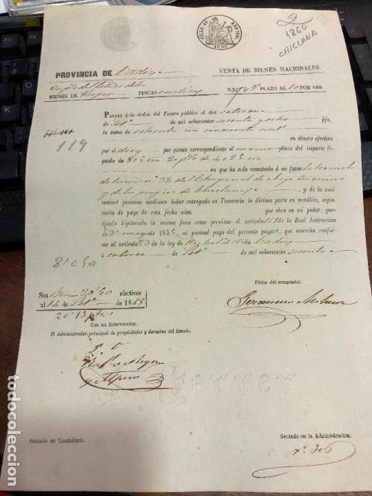Documentos antigos: DOCUMENTO VENTA DE BIENES NACIONALES - PROVINCIA DE CADIZ - CHICLANA A&Ntilde;O 1860 -