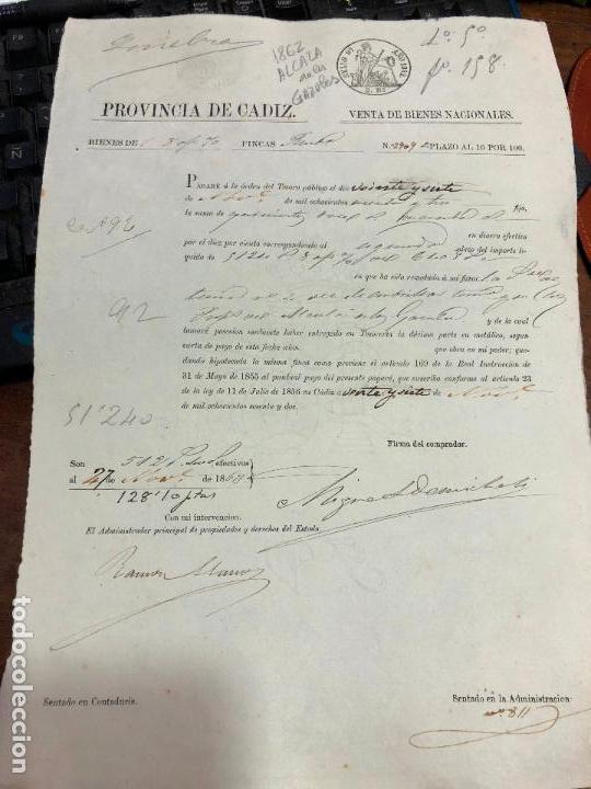 Documentos antigos: DOCUMENTO VENTA DE BIENES NACIONALES - PROVINCIA DE CADIZ - ALCALA DE LOS GAZULES A&Ntilde;O 1862 -