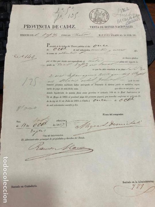 Documentos antigos: DOCUMENTO VENTA DE BIENES NACIONALES - PROVINCIA DE CADIZ - ALCALA DE LOS GAZULES A&Ntilde;O 1862 -