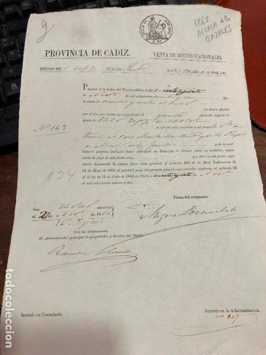 Documentos antigos: DOCUMENTO VENTA DE BIENES NACIONALES - PROVINCIA DE CADIZ - ALCALA DE LOS GAZULES A&Ntilde;O 1862 -