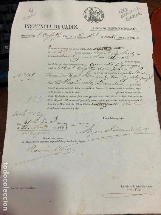 Documentos antigos: DOCUMENTO VENTA DE BIENES NACIONALES - PROVINCIA DE CADIZ - ALCALA DE LOS GAZULES A&Ntilde;O 1862 -