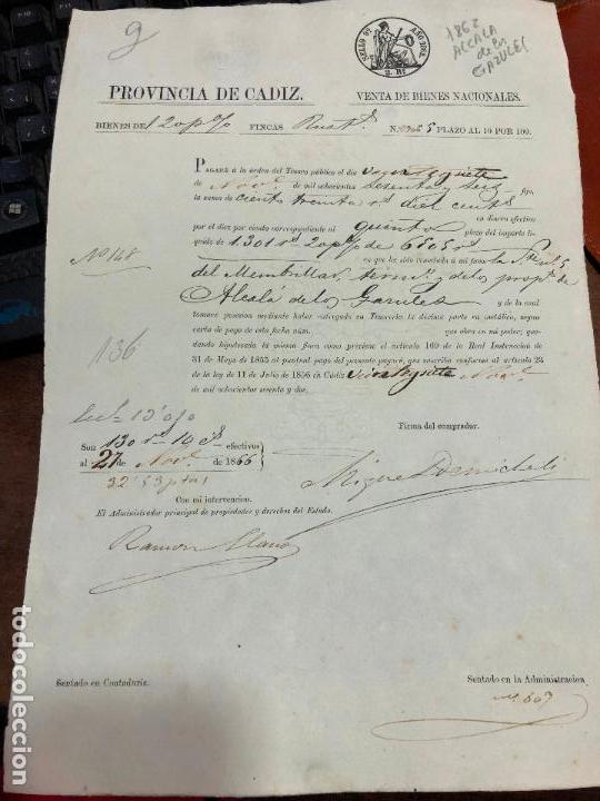 Documentos antigos: DOCUMENTO VENTA DE BIENES NACIONALES - PROVINCIA DE CADIZ - ALCALA DE LOS GAZULES A&Ntilde;O 1862 -