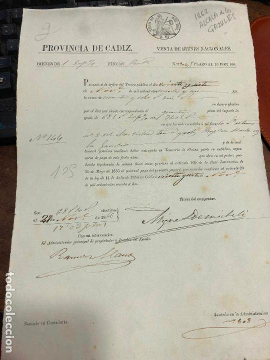Documentos antigos: DOCUMENTO VENTA DE BIENES NACIONALES - PROVINCIA DE CADIZ - ALCALA DE LOS GAZULES A&Ntilde;O 1862 -