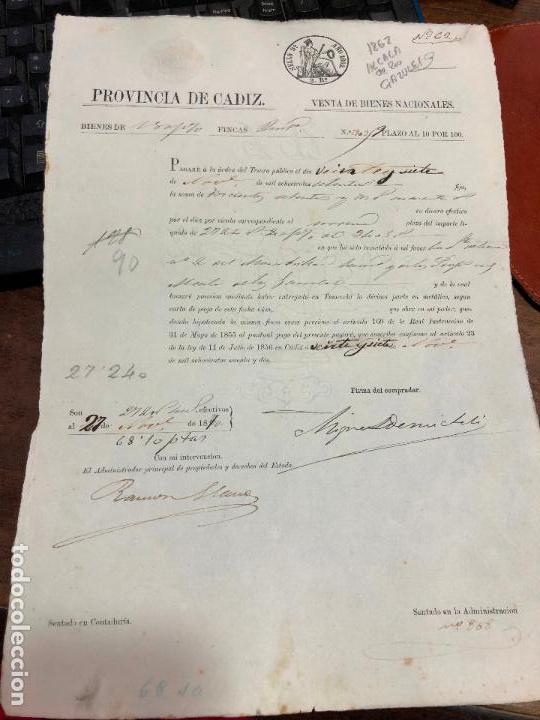 Documentos antigos: DOCUMENTO VENTA DE BIENES NACIONALES - PROVINCIA DE CADIZ - ALCALA DE LOS GAZULES A&Ntilde;O 1862 -