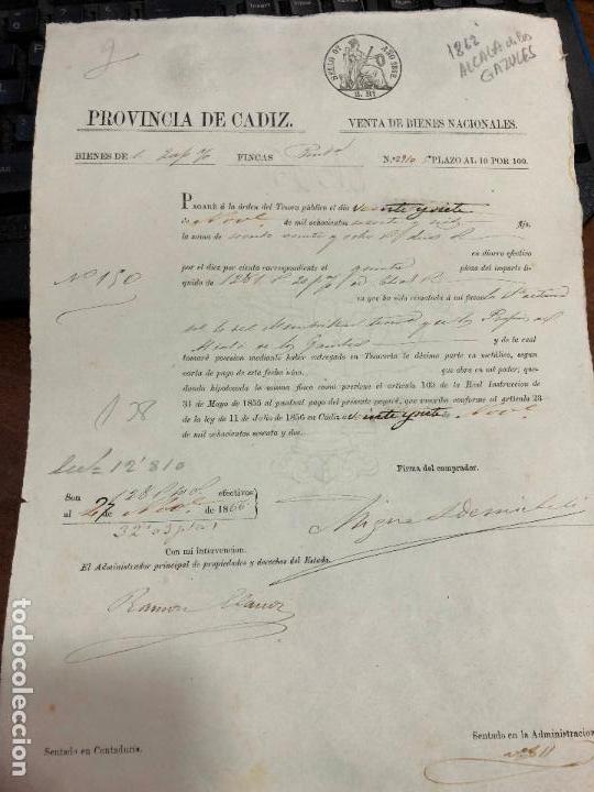 Documentos antigos: DOCUMENTO VENTA DE BIENES NACIONALES - PROVINCIA DE CADIZ - ALCALA DE LOS GAZULES A&Ntilde;O 1862 -