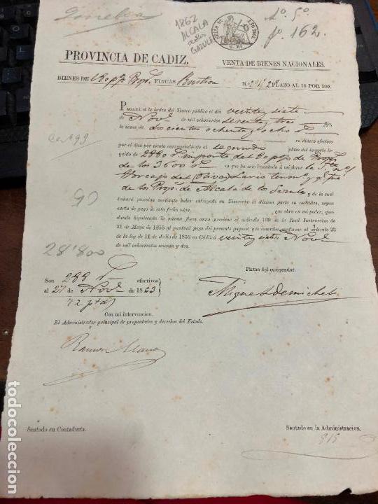 Documentos antigos: DOCUMENTO VENTA DE BIENES NACIONALES - PROVINCIA DE CADIZ - ALCALA DE LOS GAZULES A&Ntilde;O 1862 -