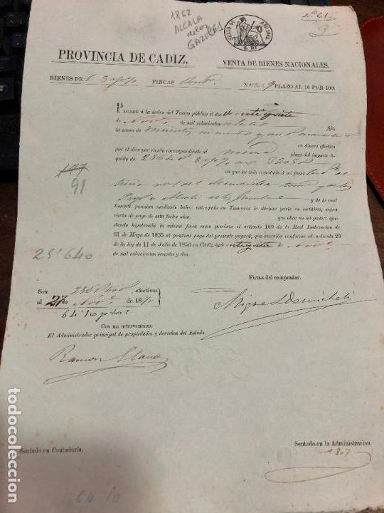 Documentos antigos: DOCUMENTO VENTA DE BIENES NACIONALES - PROVINCIA DE CADIZ - ALCALA DE LOS GAZULES A&Ntilde;O 1862 -