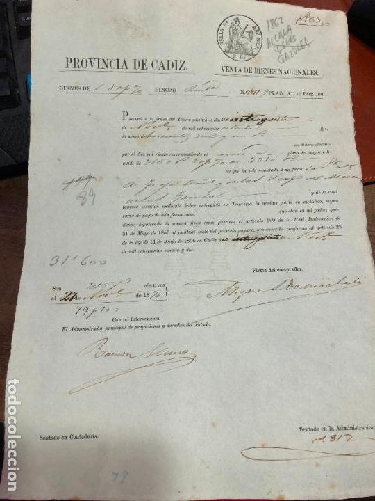 Documentos antigos: DOCUMENTO VENTA DE BIENES NACIONALES - PROVINCIA DE CADIZ - ALCALA DE LOS GAZULES A&Ntilde;O 1862 -