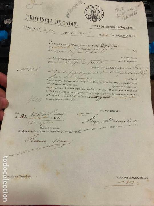 Documentos antigos: DOCUMENTO VENTA DE BIENES NACIONALES - PROVINCIA DE CADIZ - ALCALA DE LOS GAZULES A&Ntilde;O 1862 -