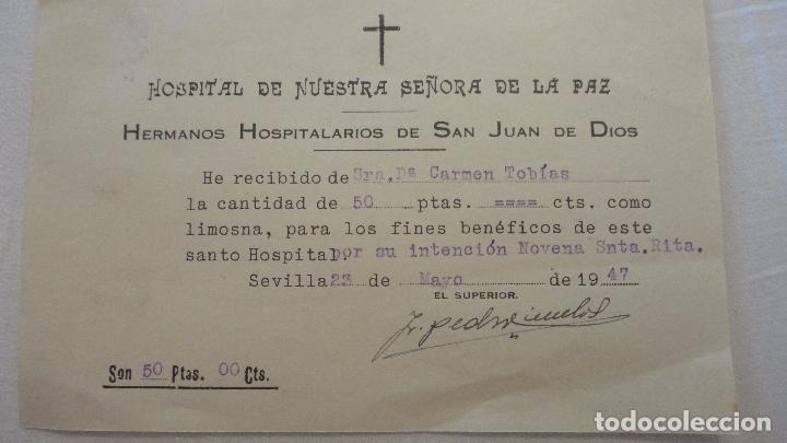 Documentos antiguos: HOSPITAL NTRA SE&Ntilde;ORA DE LA PAZ.HNOS HOSPITALARIOS S.JUAN.RECIBO DONATIVO.CARMEN TOBIAS.SEVILLA 1947