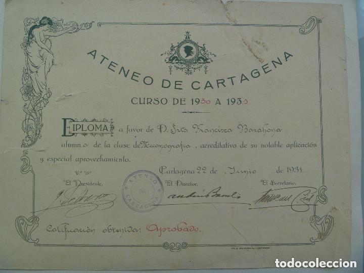 Documentos antiguos: DIPLOMA ATENEO DE CARTAGENA , CURSO 1930-31 : SE&Ntilde;ORITA APROBADA EN MECANOGRAFIA.