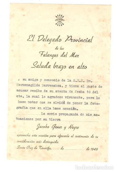 Documentos antiguos: SALUDA DELEGADO PROVINCIAL DE LAS FALANGES DEL MAR. SANTA CRUZ DE TENERIFE, A&Ntilde;O 1949