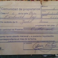 Documentos antiguos: RECIBO COMUNIDAD PLAZA CARABANCHEL BAJO, 4 MADRID. 1984.. Lote 128136139