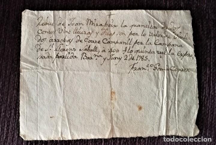 Documentos antiguos: COMPRA DE LA CAMPANA DE SANT LLOREN&Ccedil; SAVALL, APORTACIO 1785 - Foto 1