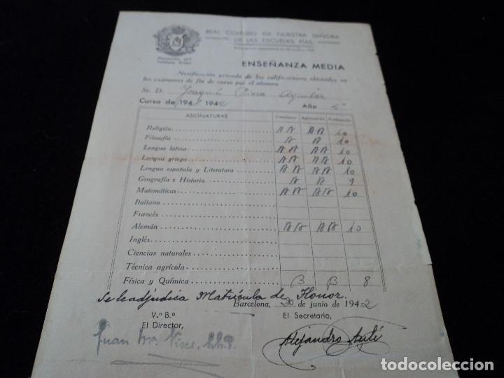 Documentos antiguos: notificacion privada de excelentes notas real colegio de nuestra se&ntilde;ora de las escuelas pias 1942