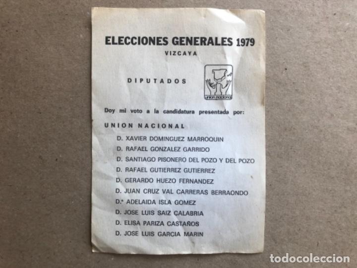 Documentos antiguos: PAPELETA ELECCIONES GENERALES DE 1979.  PARTIDO UNI&Oacute;N NACIONAL. POR VIZCAYA.