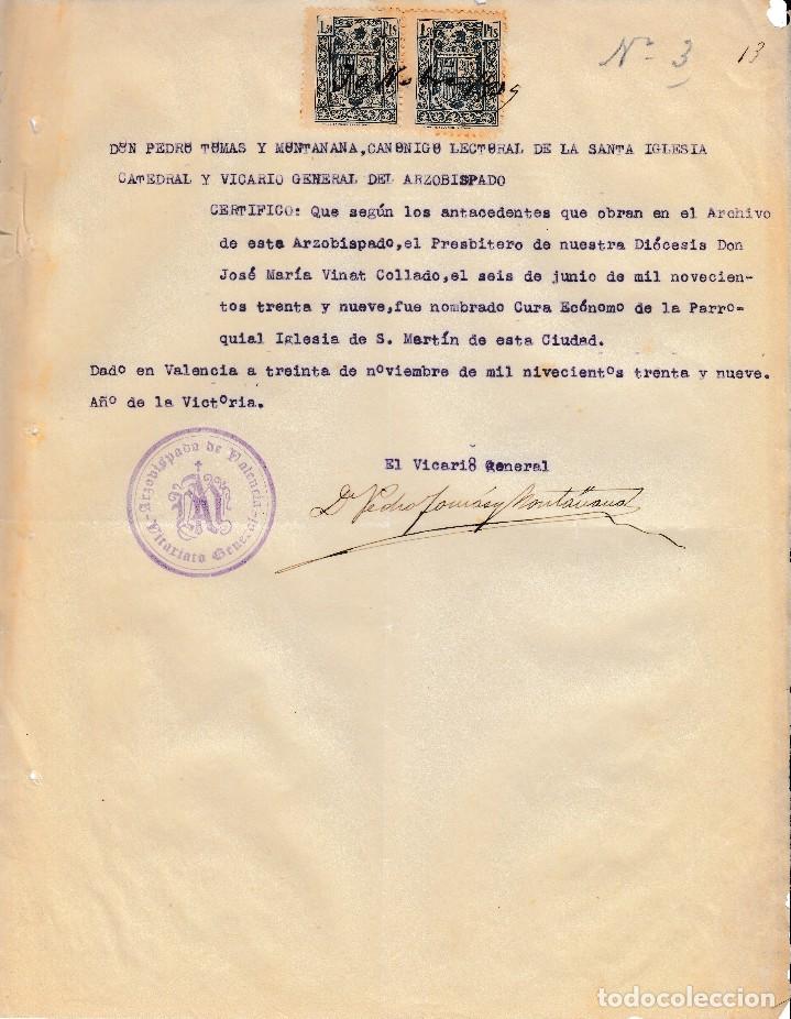 Old Documents: 1939 VALENCIA. CERTIFICADO DEL VICARIO GENERAL ARZOBISPADO NOMBRAMIENTO CURA IGLESIA SAN MARTIN