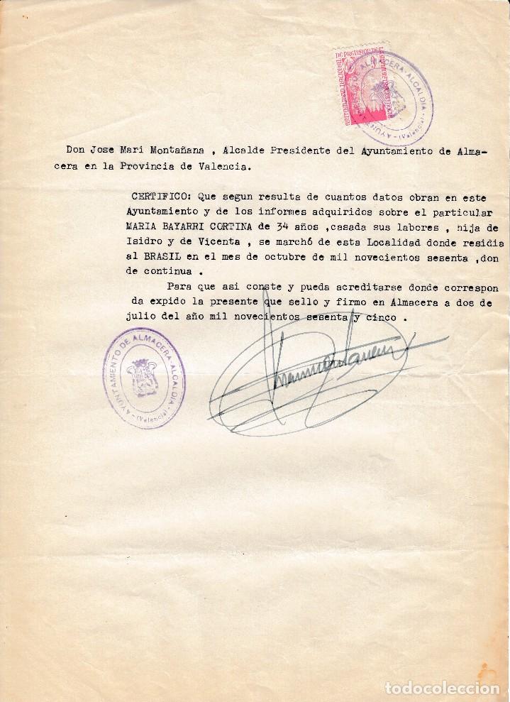 Old Documents: 1965. ALMACERA (VALENCIA). CERTIFICADO DEL ALCALDE CON SU FIRMA Y SELLO DE ALCALDIA