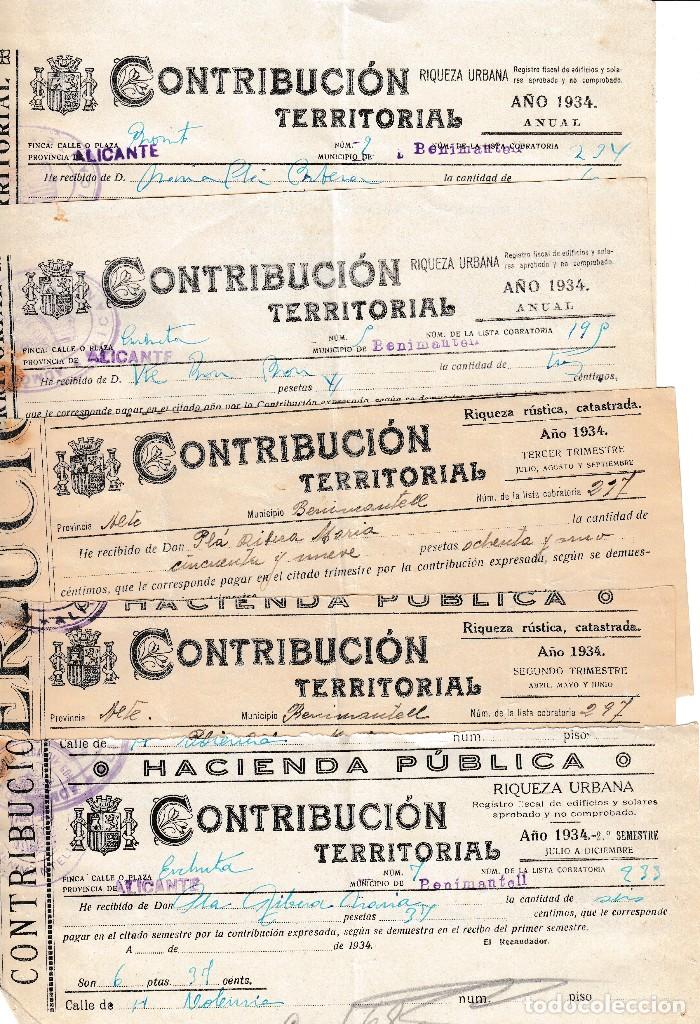 Documents Anciens: 1934 BENIMATELL (ALICANTE). 5 RECIBOS DE CONTRIBUCION. RIQUEZA URBANA Y RUSTICA CATASTRADA