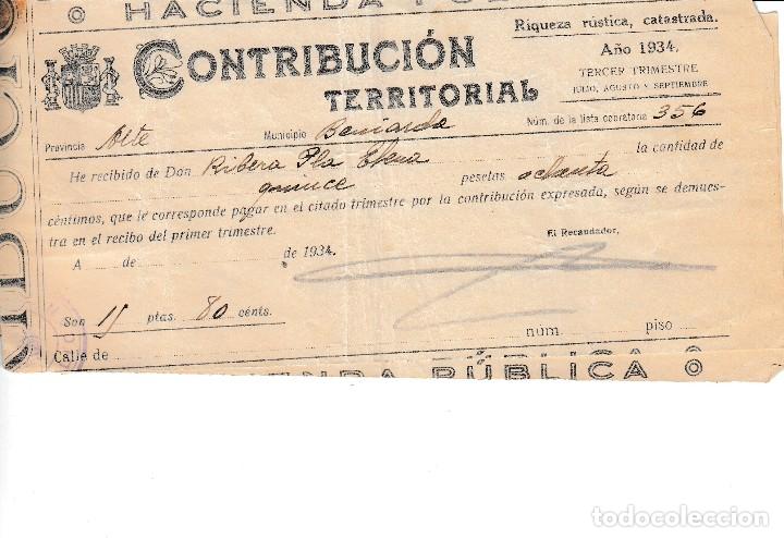 Old Documents: 1934 BENIARDA (ALICANTE). 2 RECIBOS DE CONTRIBUCION. RIQUEZA RUSTICA CATASTRADA