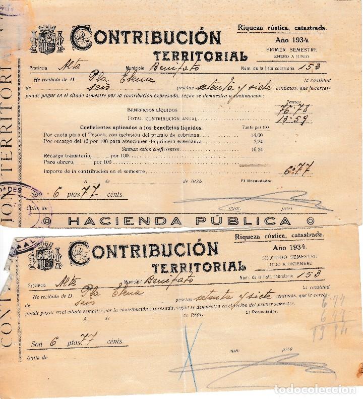 Old Documents: 1934 BENIFATO (ALICANTE). 2 RECIBOS DE CONTRIBUCION. RIQUEZA RUSTICA CATASTRADA