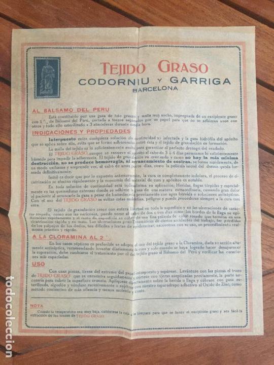 Documentos antiguos: DOCUMENTO PUBLICIDAD TEJIDO GRASO PRODUCTOS CODORNIU Y GARRIGA S.A. EN PAPEL CEBOLLA.