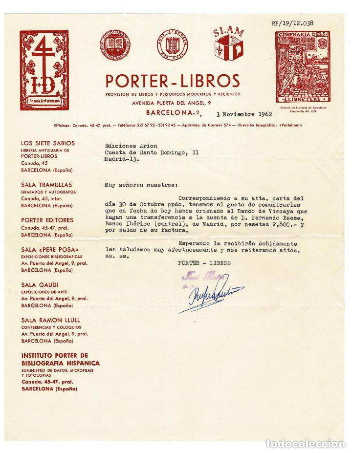 Documentos antiguos: Barcelona 1962 Carta de Porter Libros - Foto 1