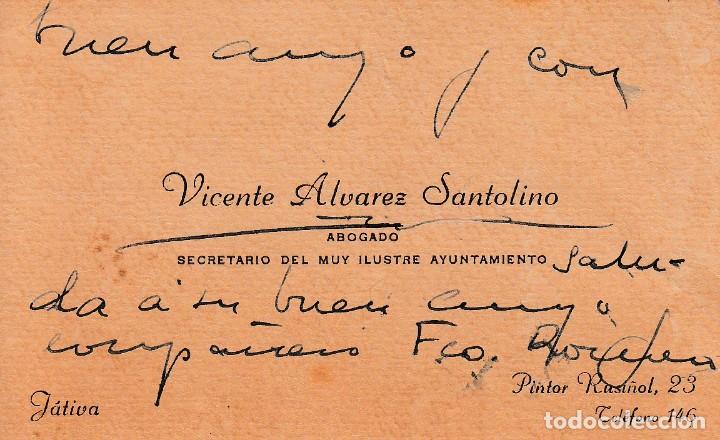 Old Documents: JATIVA VALENCIA TARJETA VISITA VICENTE ALVAREZ SANTOLINO SECRETARIO AYUNTAMIENTO