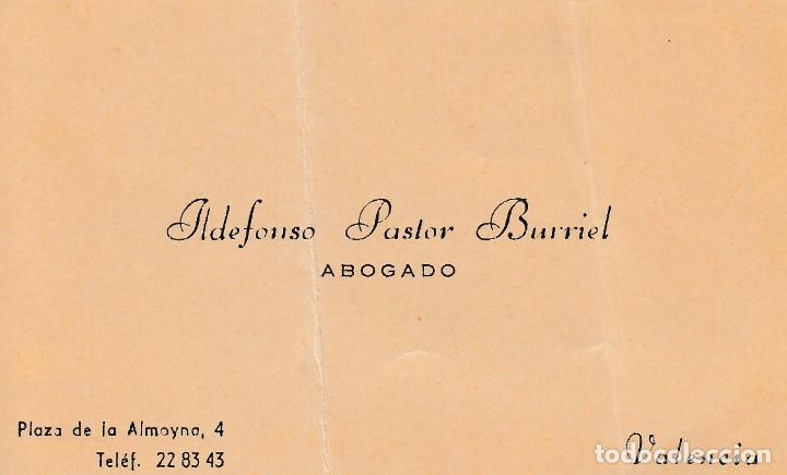Old Documents: VALENCIA. TARJETA VISITA ILDELFONSO PASTOR BURRIEL ABOGADO