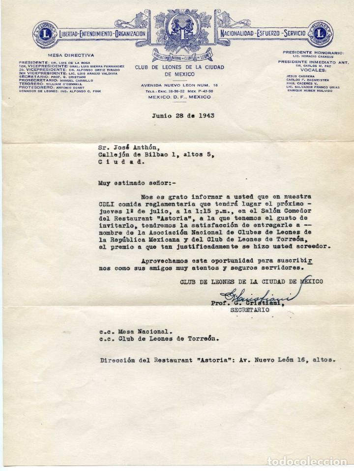 méxico. sobre y carta del club de leones, 1943 - Buy Other antique  documents on todocoleccion