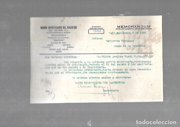 Documentos antiguos: MEMORANDUM. BANCO HIPOTECARIO DEL PACIFICO. CALI. 1923