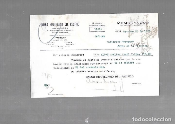 Documentos antiguos: MEMORANDUM. BANCO HIPOTECARIO DEL PACIFICO. CALI. 1923
