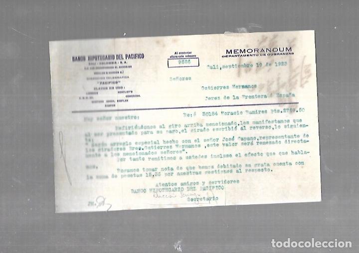 Documentos antiguos: MEMORANDUM. BANCO HIPOTECARIO DEL PACIFICO. CALI. 1923