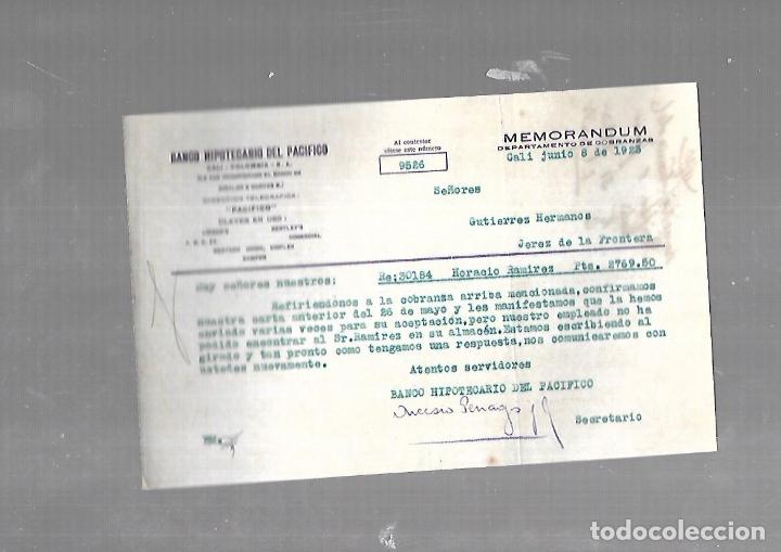 Documentos antiguos: MEMORANDUM. BANCO HIPOTECARIO DEL PACIFICO. CALI. 1923
