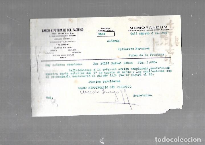 Documentos antiguos: MEMORANDUM. BANCO HIPOTECARIO DEL PACIFICO. CALI. 1923