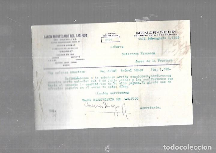 Documentos antiguos: MEMORANDUM. BANCO HIPOTECARIO DEL PACIFICO. CALI. 1923