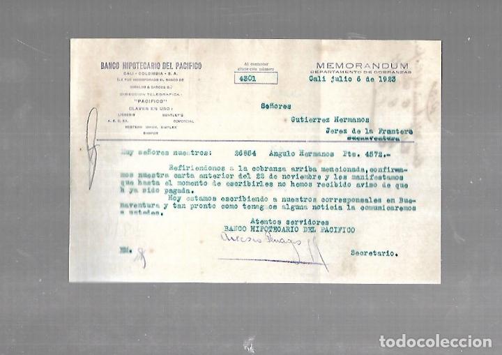 Documentos antiguos: MEMORANDUM. BANCO HIPOTECARIO DEL PACIFICO. CALI. 1923