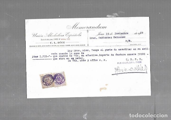 Documentos antiguos: MEMORANDUM. UNION ALCOHOLERA ESPA&Ntilde;OLA. C.L.DIEZ. JEREZ. 1929