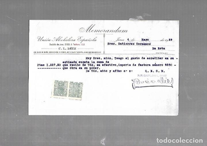 Documentos antiguos: MEMORANDUM. UNION ALCOHOLERA ESPA&Ntilde;OLA. C.L.DIEZ. JEREZ. 1929